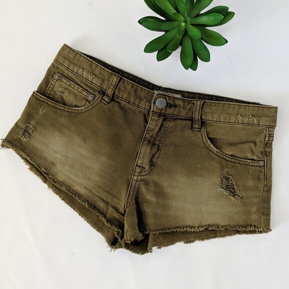 Free People Distressed Raw Cut Off Shorts Olive 26 - Picture 4 of 9